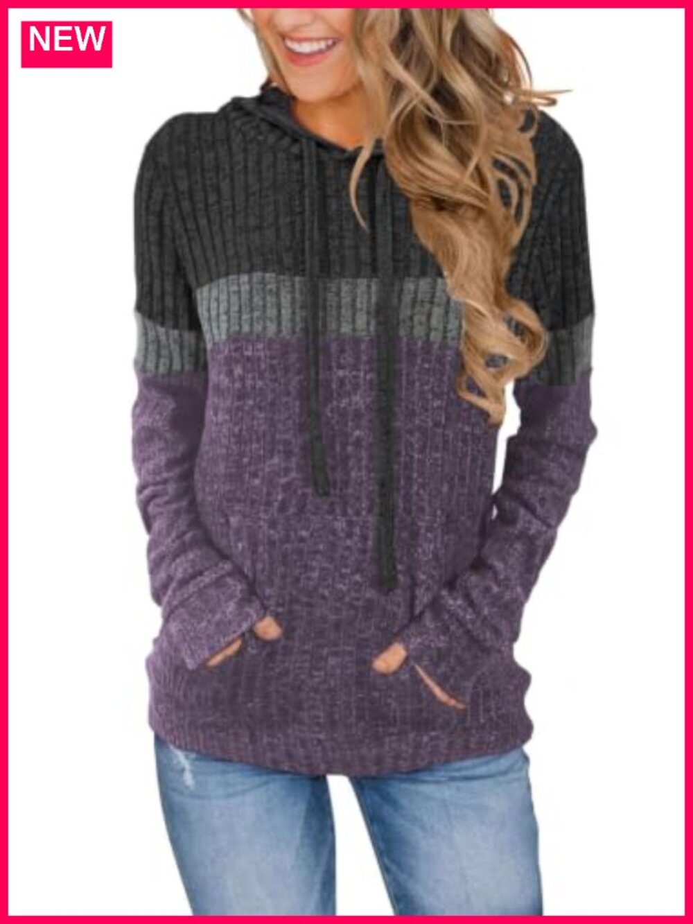 Women's Color Block Knit Hoodie Long Sleeve Pullover Sweater with Pockets